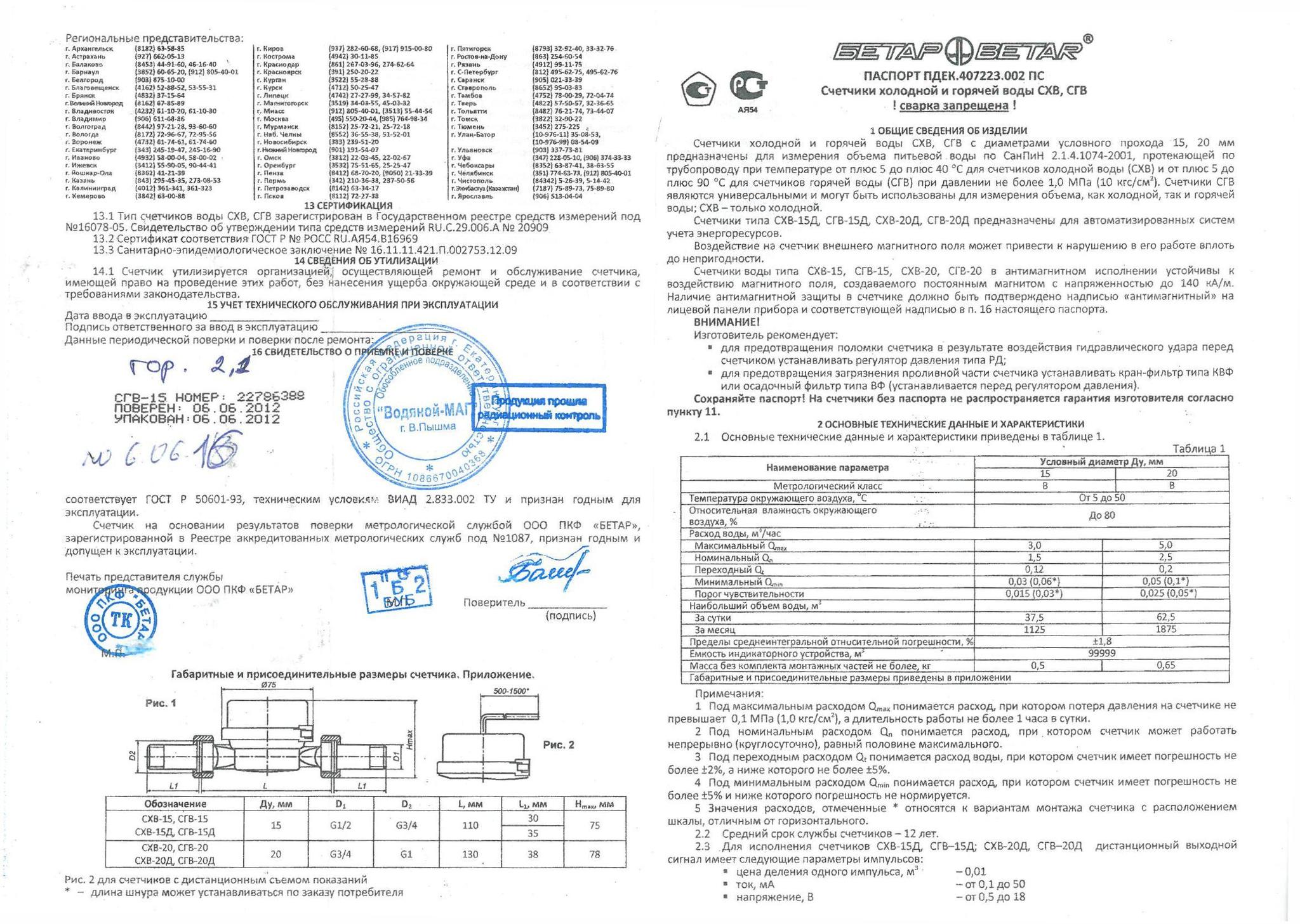 ВСХ-32 счетчик холодной воды паспорт