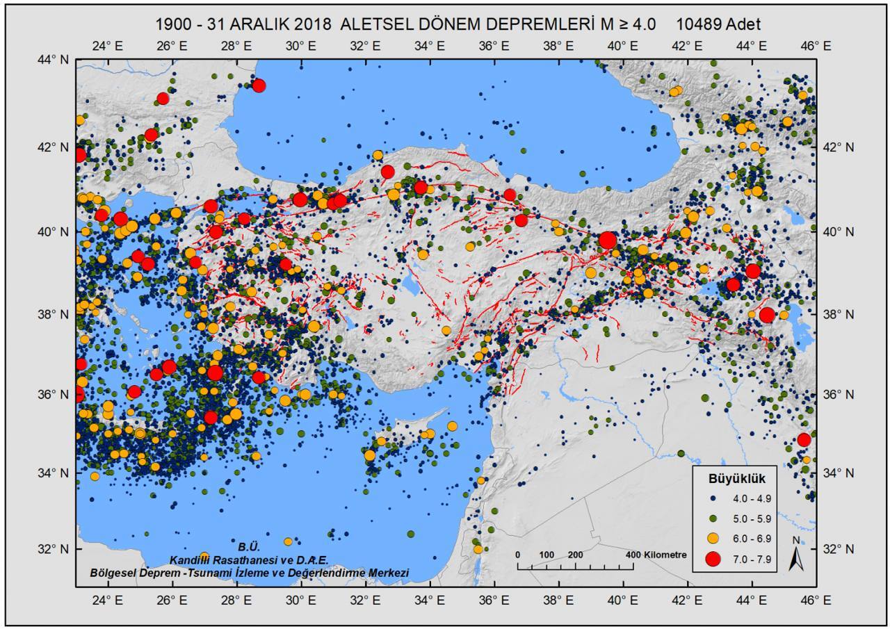 Карта землетрясений в Турции 1900-2020 гг