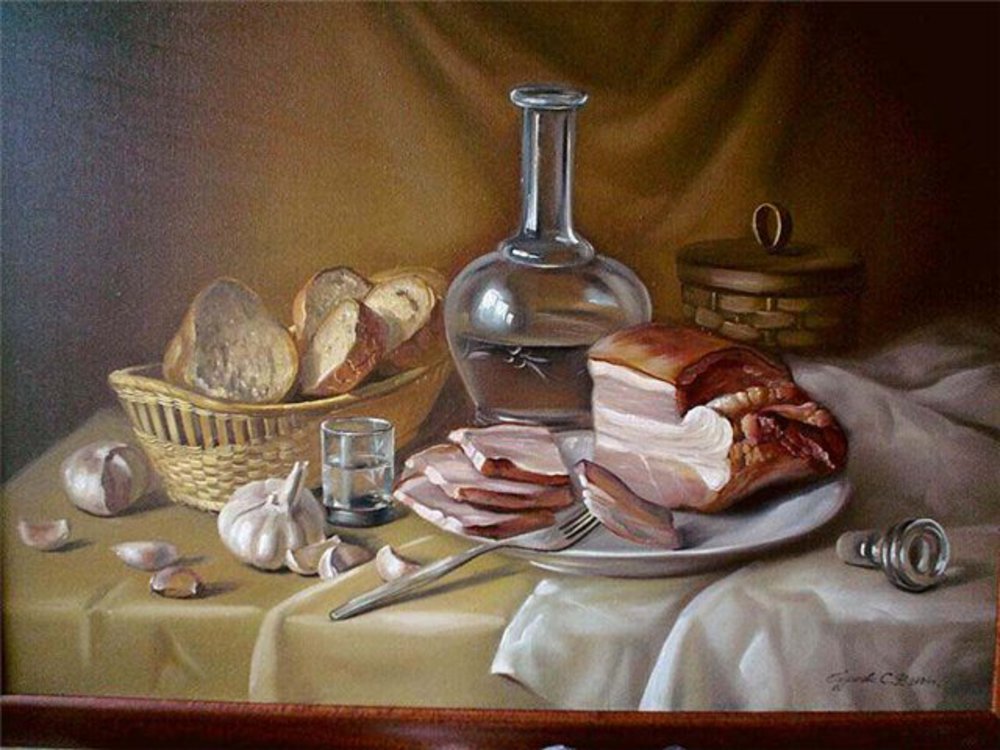 натюрморт с салом. натюрморт с салом. натюрморт с едой живопись. натюрморт с салом. владимир малагис.